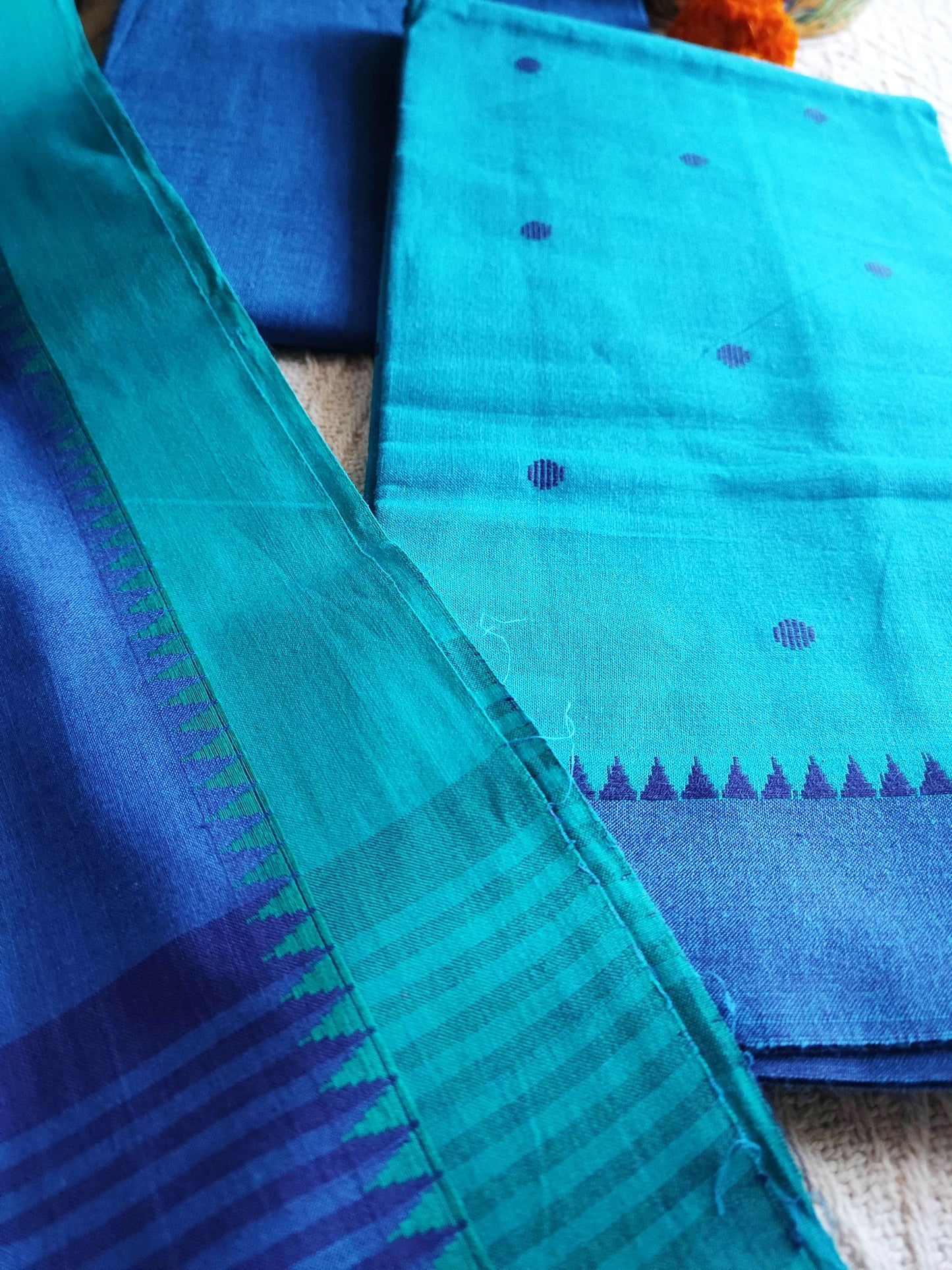 Cyan & Blue Handloom Pure Cotton Suit with Buta Weave