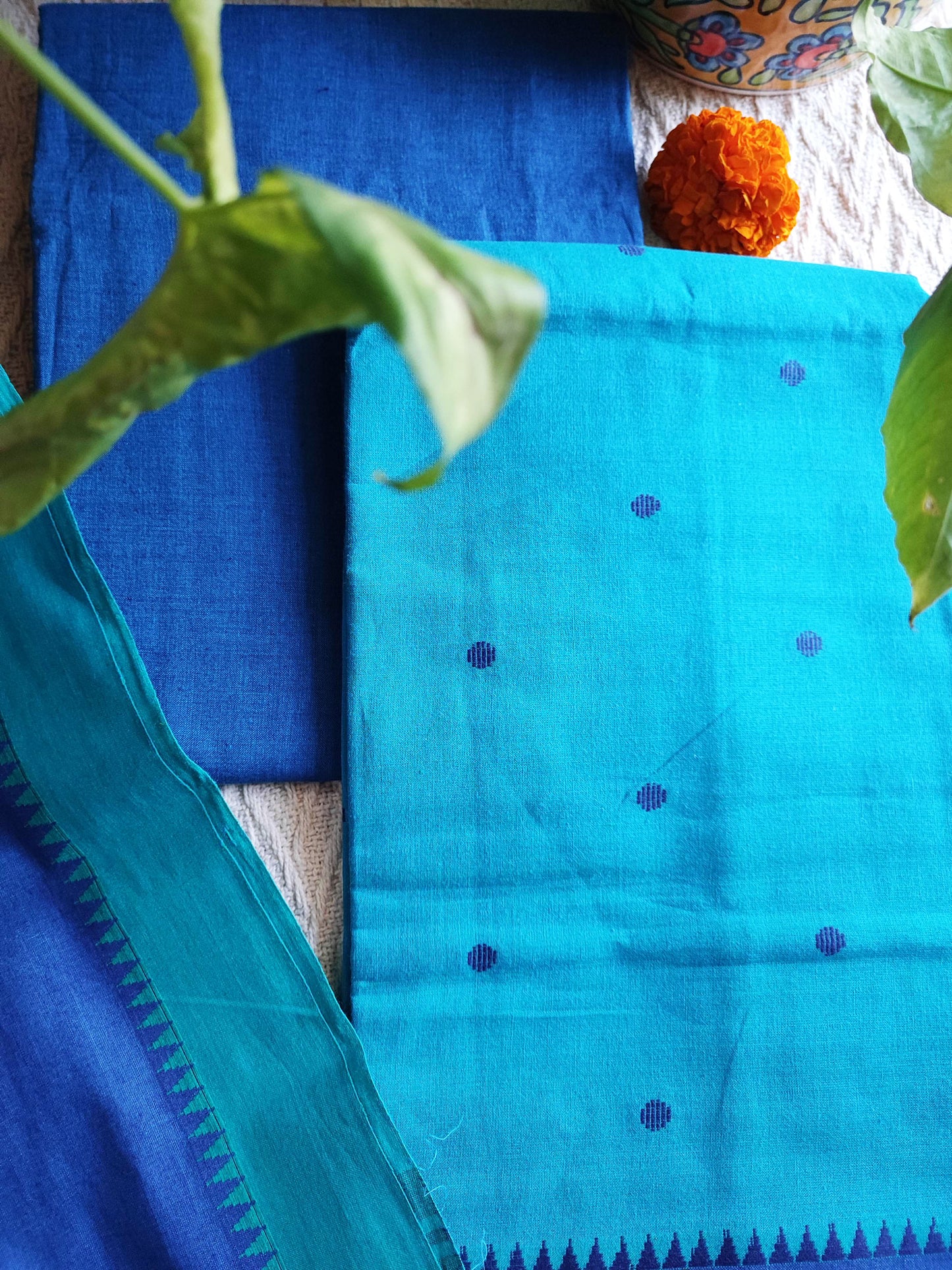 Cyan & Blue Handloom Pure Cotton Suit with Buta Weave