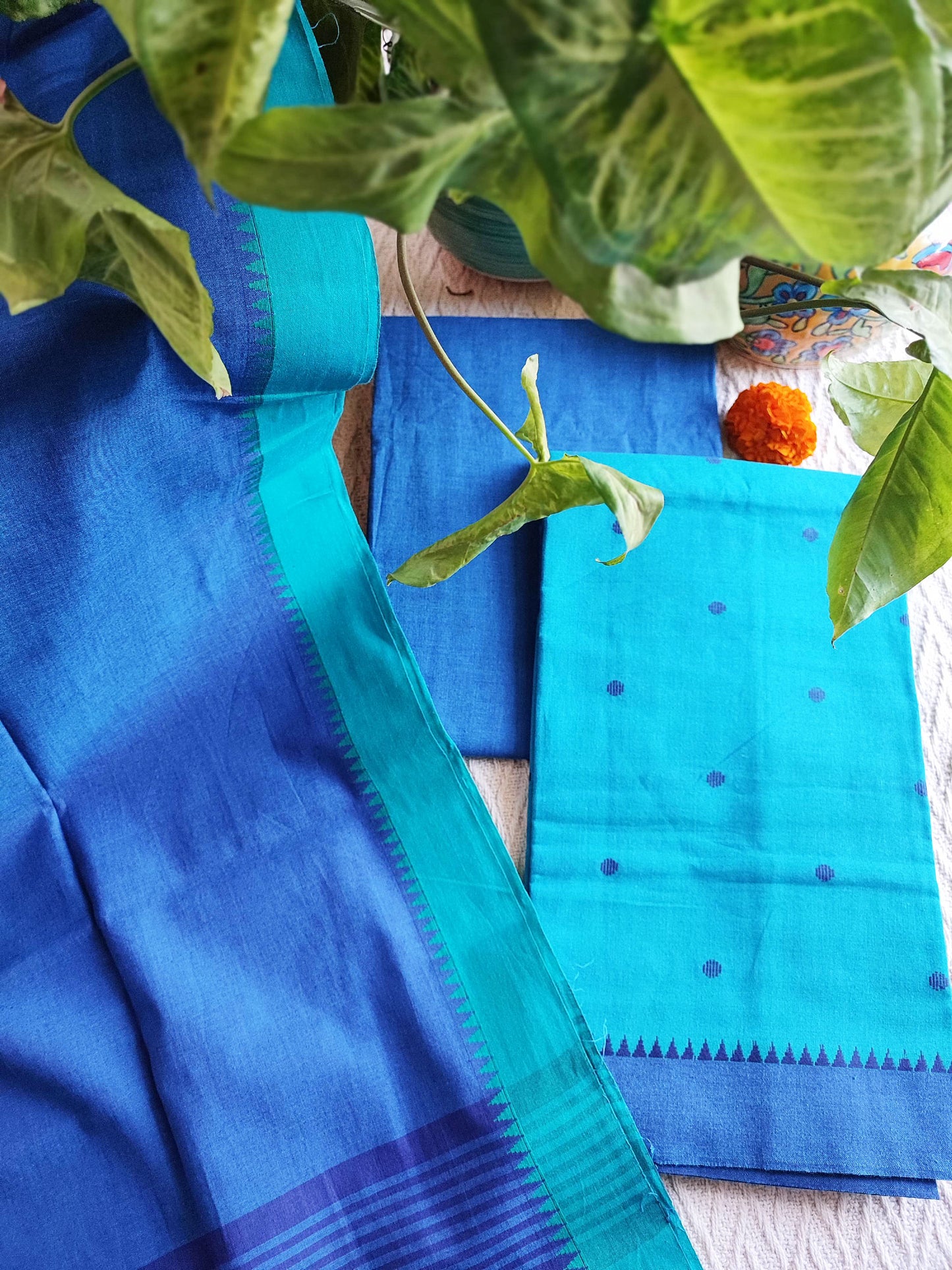 Cyan & Blue Handloom Pure Cotton Suit with Buta Weave