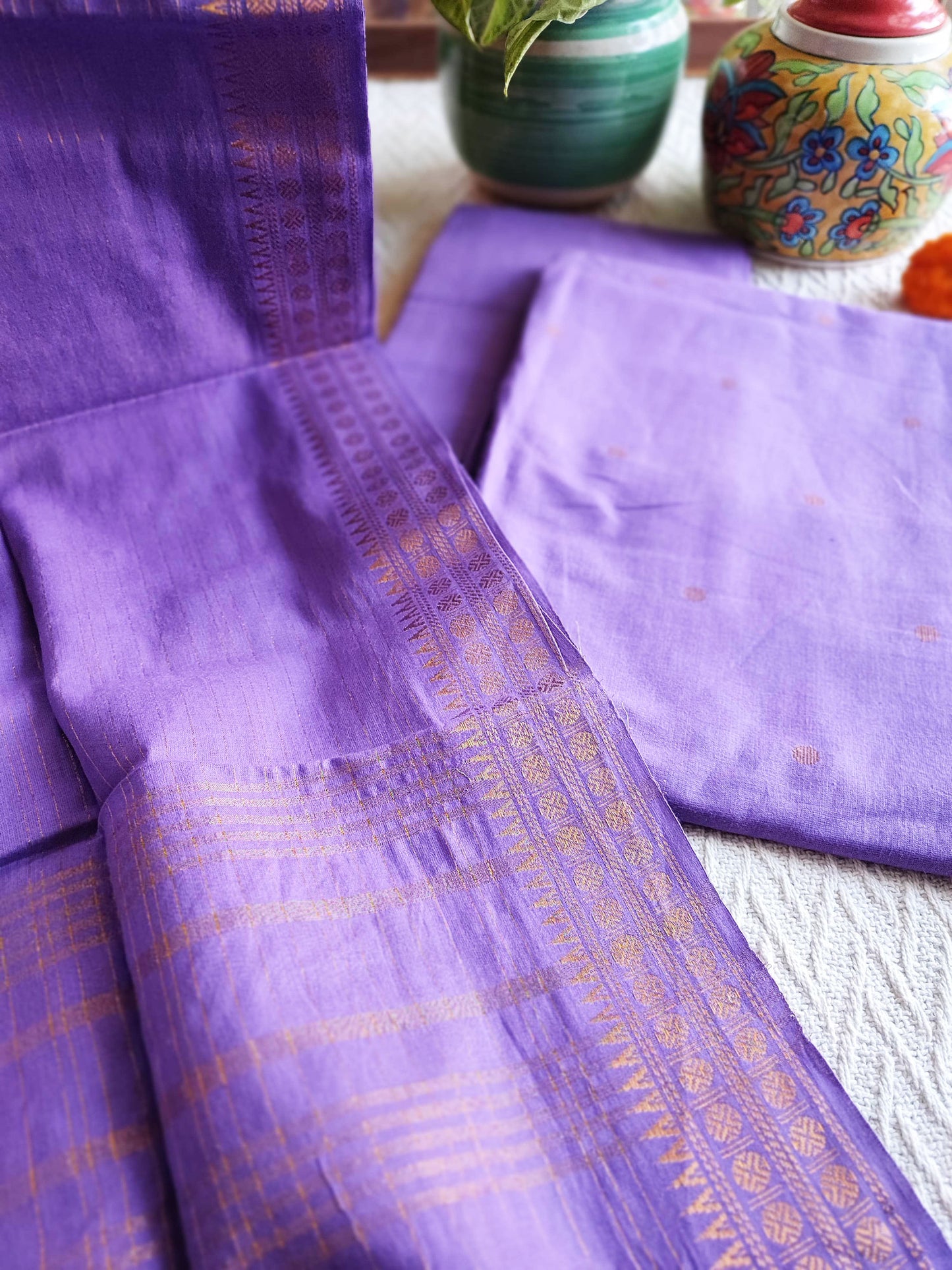 Lilac Handloom Pure Cotton Suit with Buta Weave