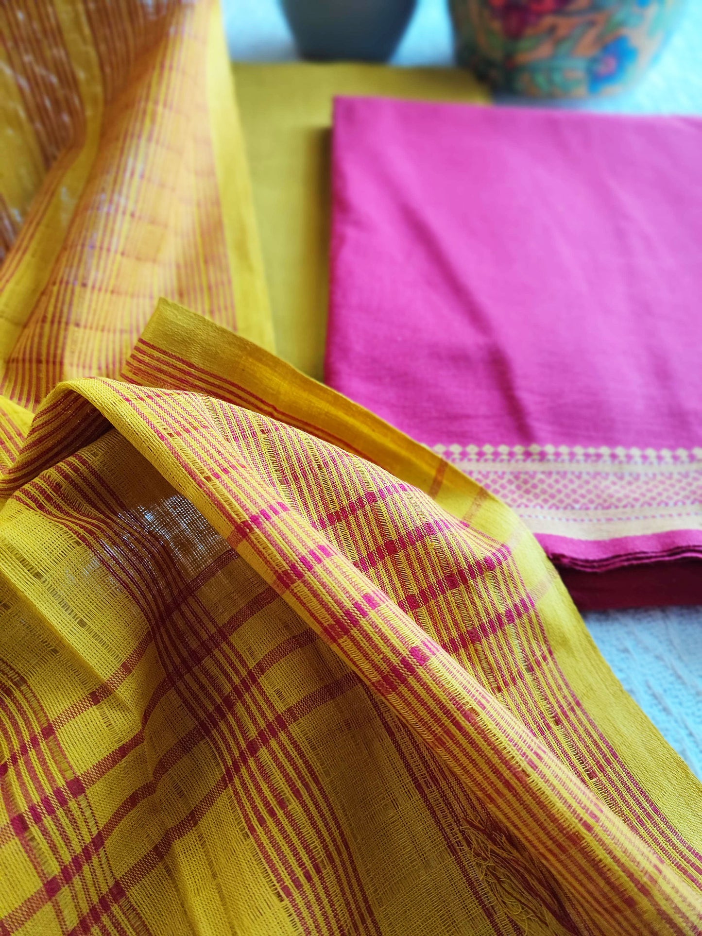Mustard & Hot Pink Handloom Pure Cotton Suit with Buta Weave