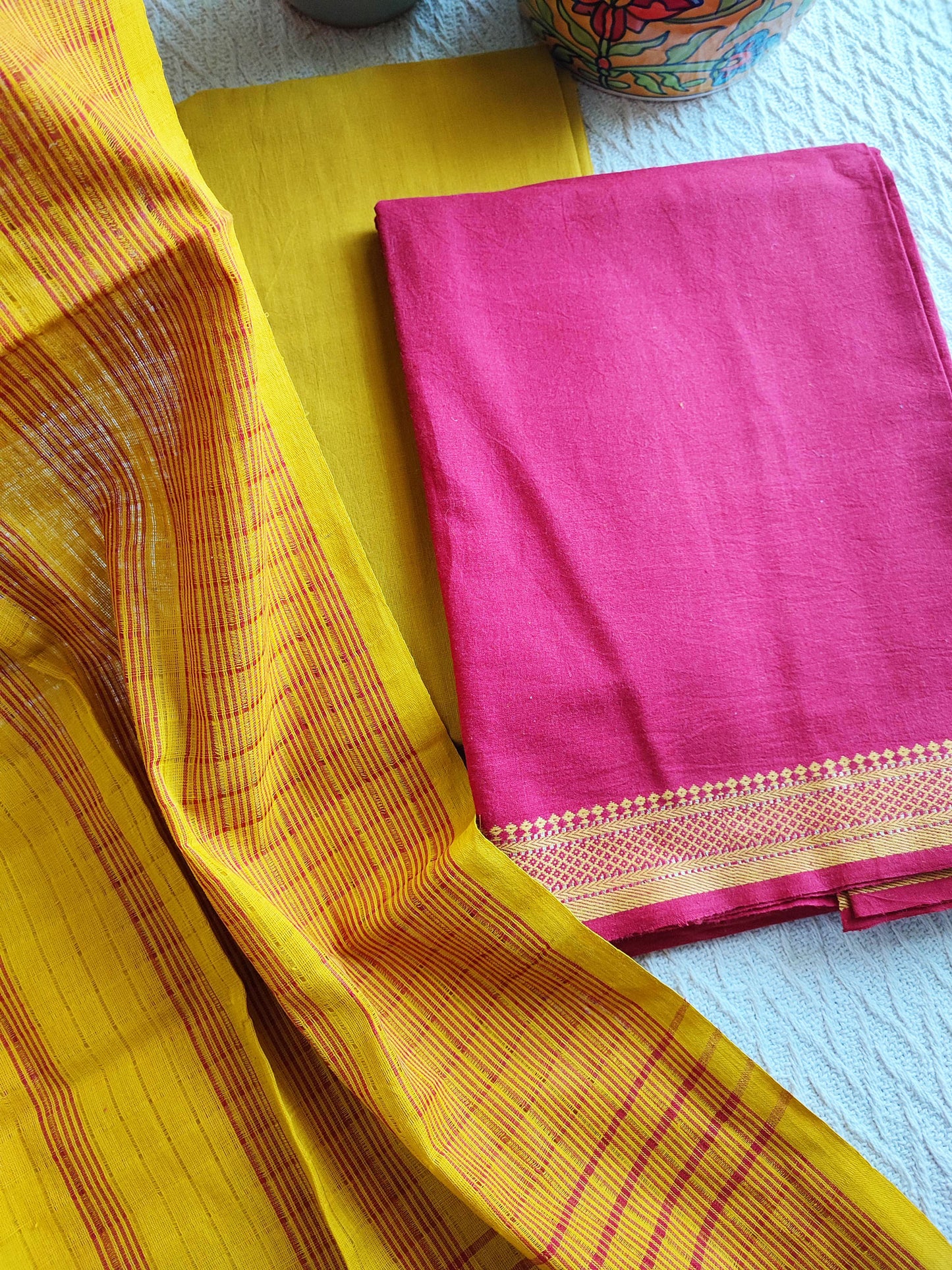 Mustard & Hot Pink Handloom Pure Cotton Suit with Buta Weave