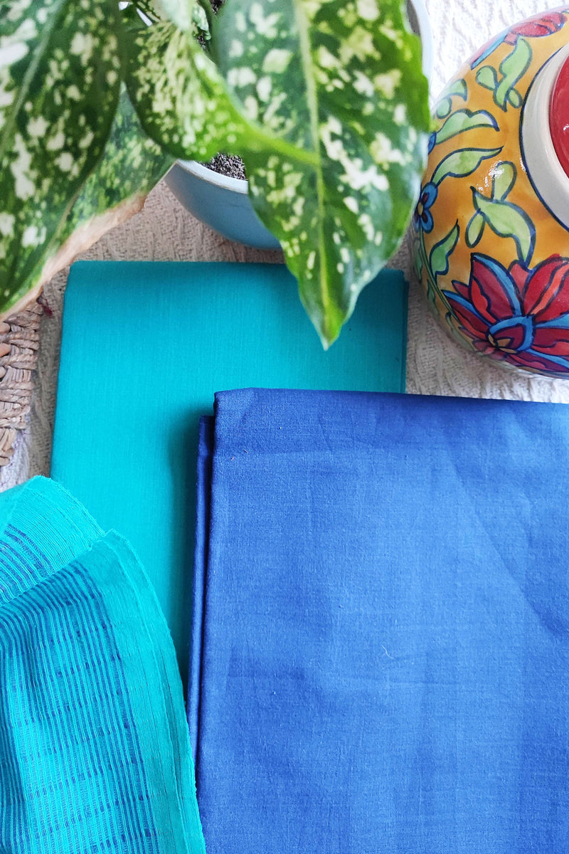 Cyan & Dodger Blue Handloom Pure Cotton Suit with Buta Weave