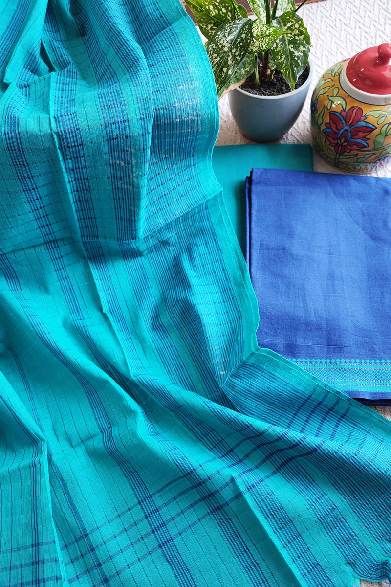 Cyan & Dodger Blue Handloom Pure Cotton Suit with Buta Weave