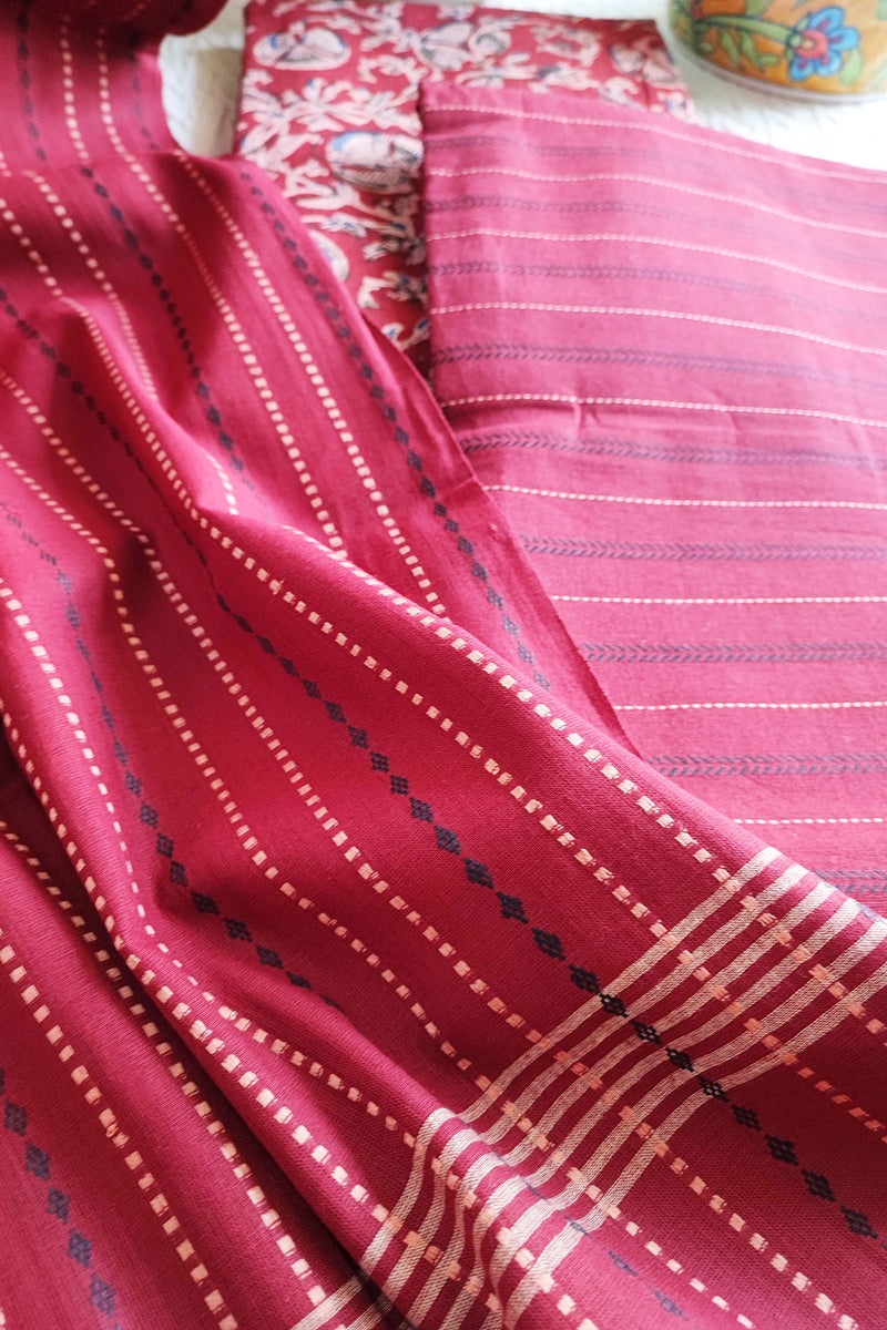 Handloom Pure Cotton Self Weaving Suit Set With Kalamkari Pants