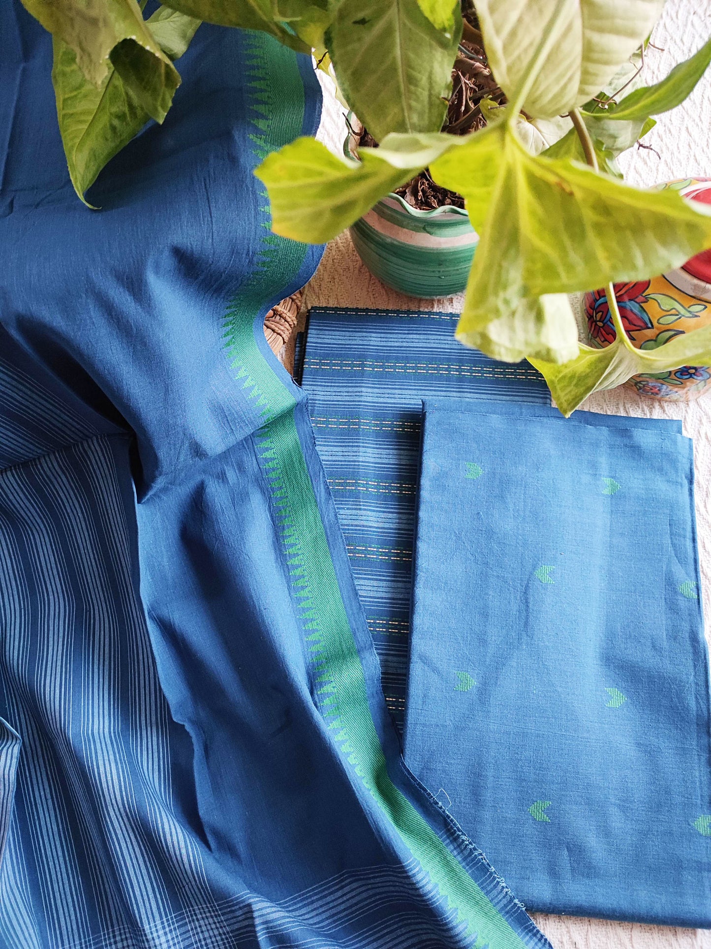 Denim Blue Handloom Pure Cotton Suit with Buta Weave