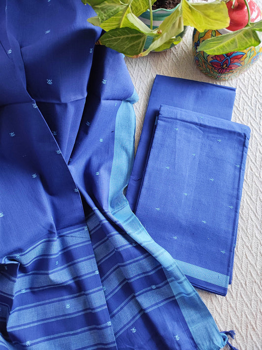 Cobalt Blue Handloom Pure Cotton Suit with Buta Weave