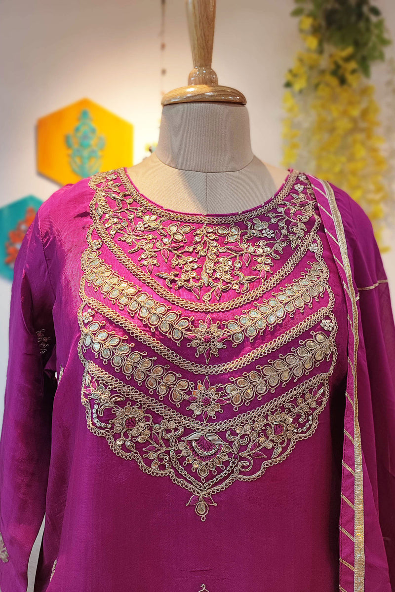 Magenta Pink Crepe Silk Kurta with Handwork, Flared Sharara, and Georgette Dupatta