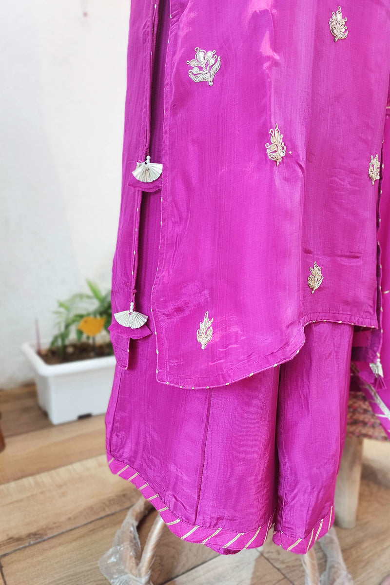 Magenta Pink Crepe Silk Kurta with Handwork, Flared Sharara, and Georgette Dupatta