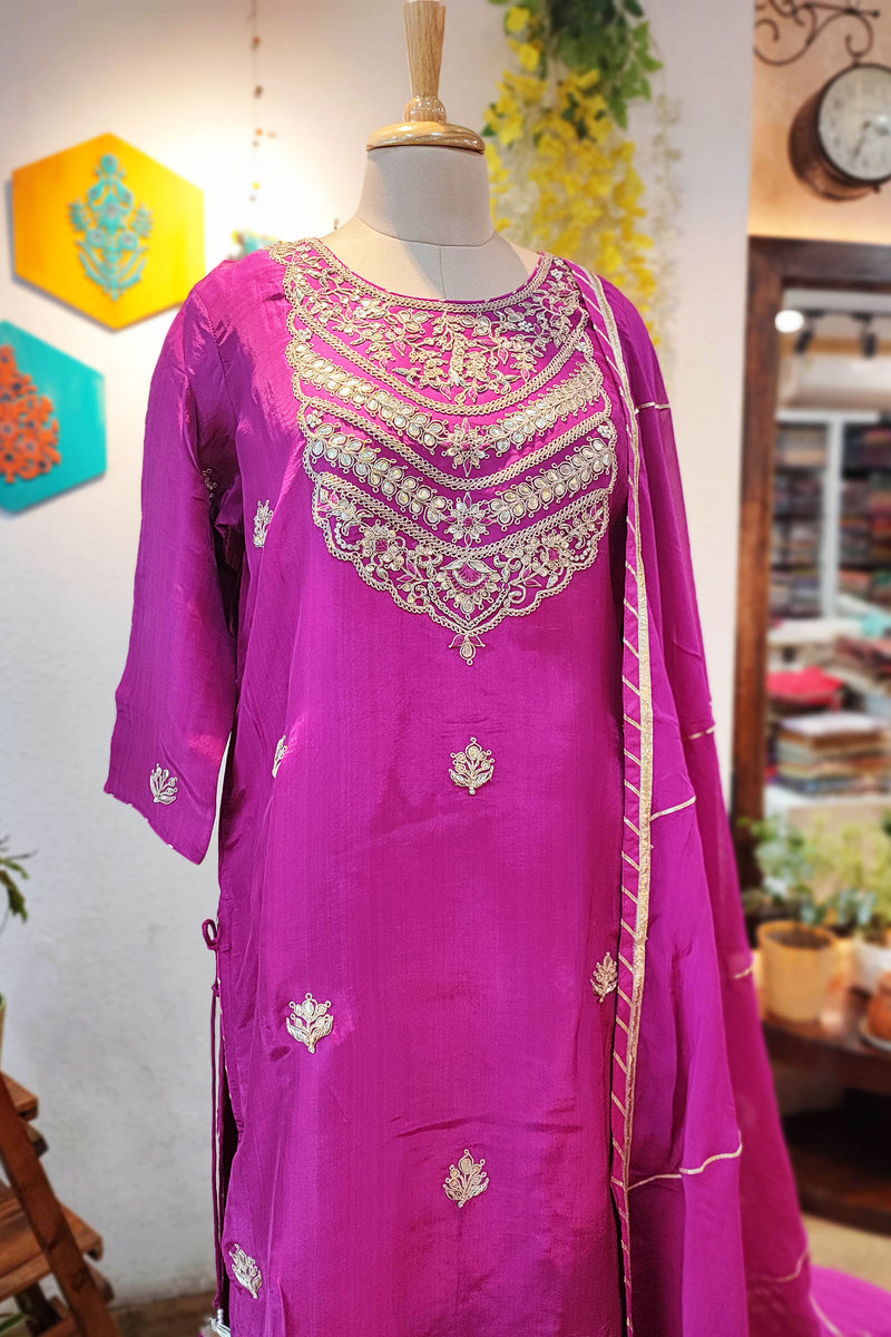 Magenta Pink Crepe Silk Kurta with Handwork, Flared Sharara, and Georgette Dupatta
