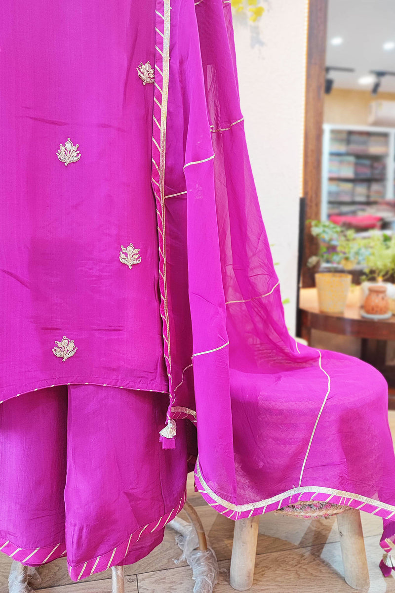 Magenta Pink Crepe Silk Kurta with Handwork, Flared Sharara, and Georgette Dupatta