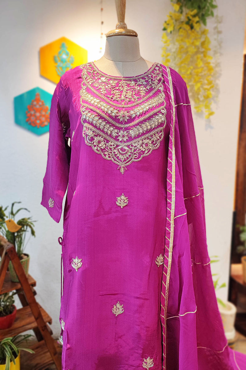 Magenta Pink Crepe Silk Kurta with Handwork, Flared Sharara, and Georgette Dupatta