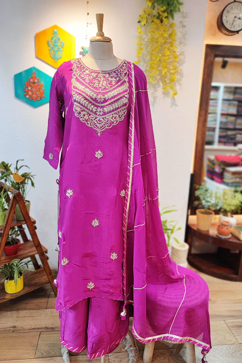 Magenta Pink Crepe Silk Kurta with Handwork, Flared Sharara, and Georgette Dupatta