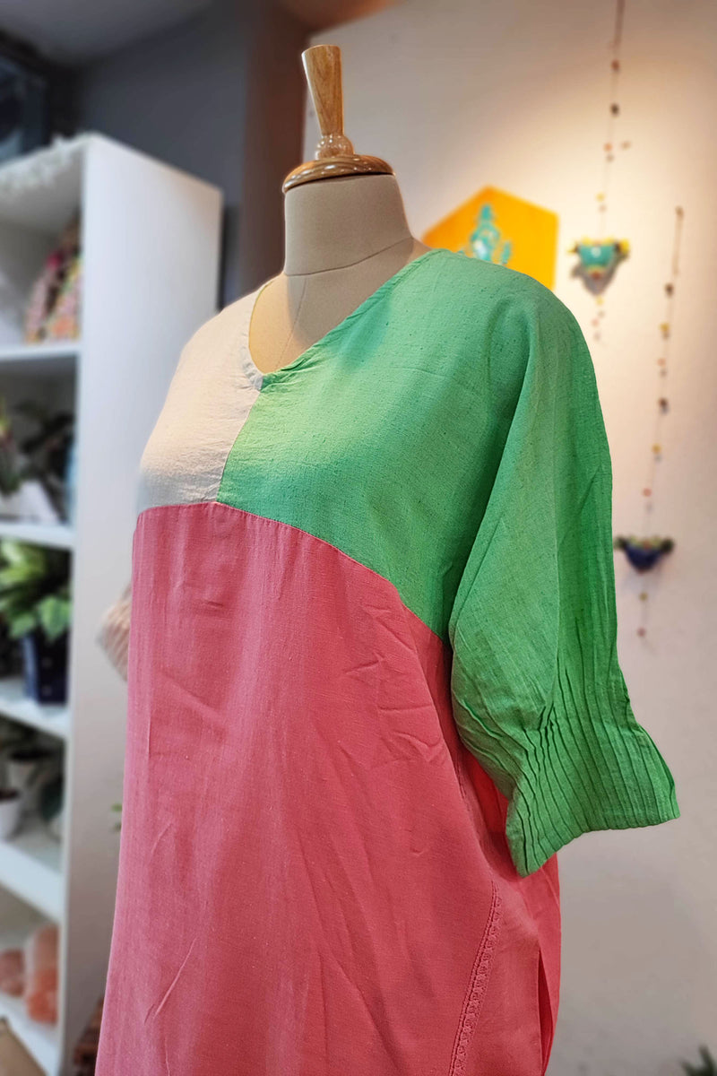 Designer Tricolor High & Low Pure Handloom Cotton Dress