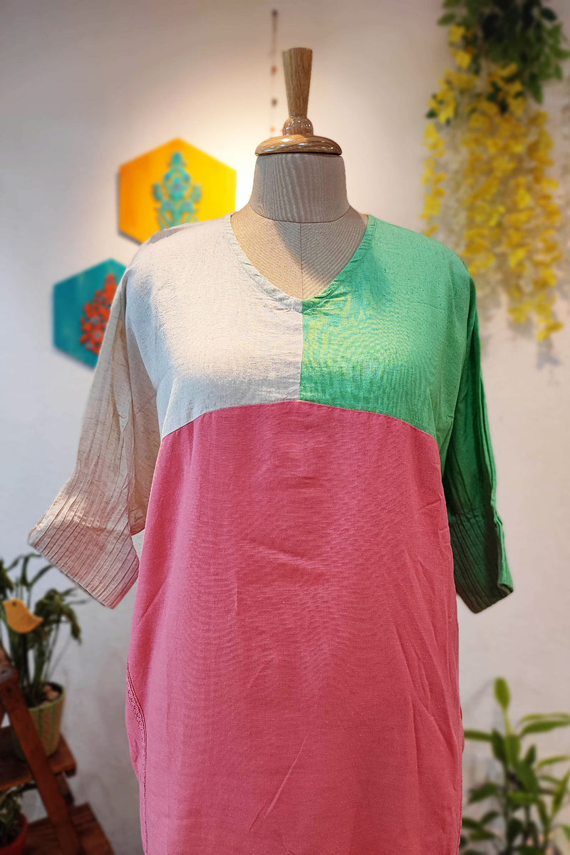 Designer Tricolor High & Low Pure Handloom Cotton Dress