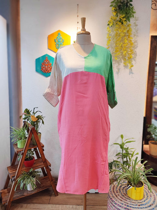 Designer Tricolor High & Low Pure Handloom Cotton Dress