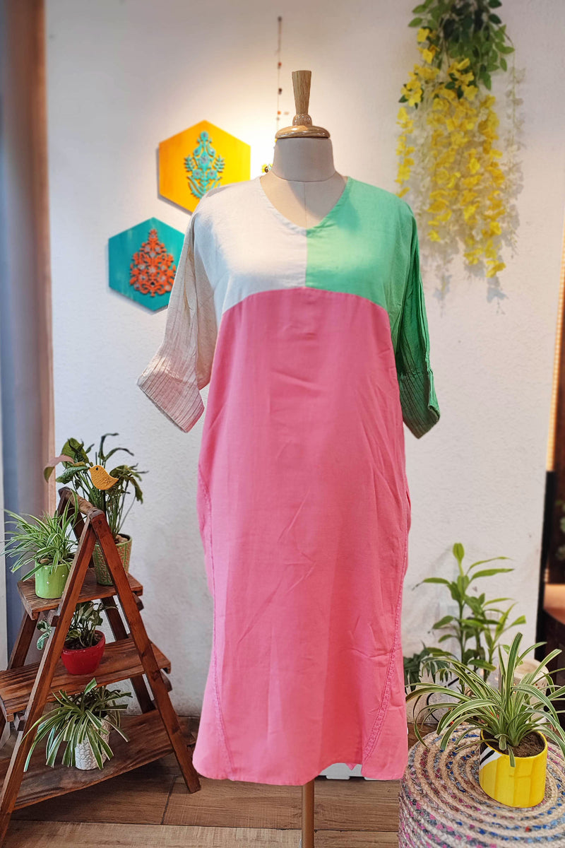 Designer Tricolor High & Low Pure Handloom Cotton Dress