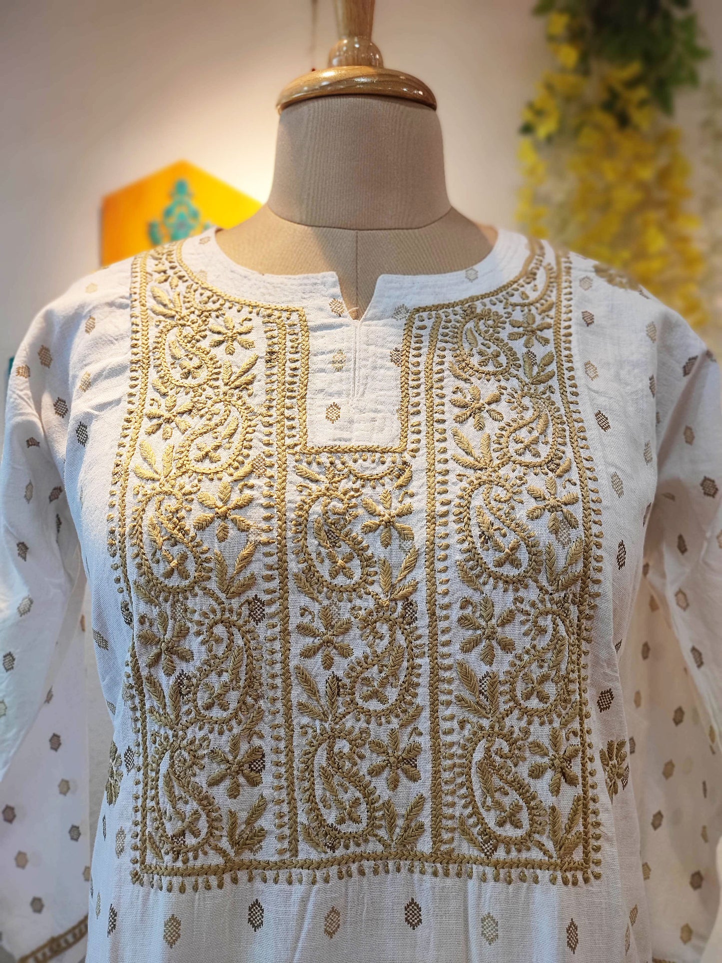 Pure Handloom Cotton Kurta with Tan Lucknowi Embroidery