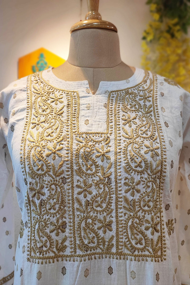Pure Handloom Cotton Kurta with Tan Lucknowi Embroidery