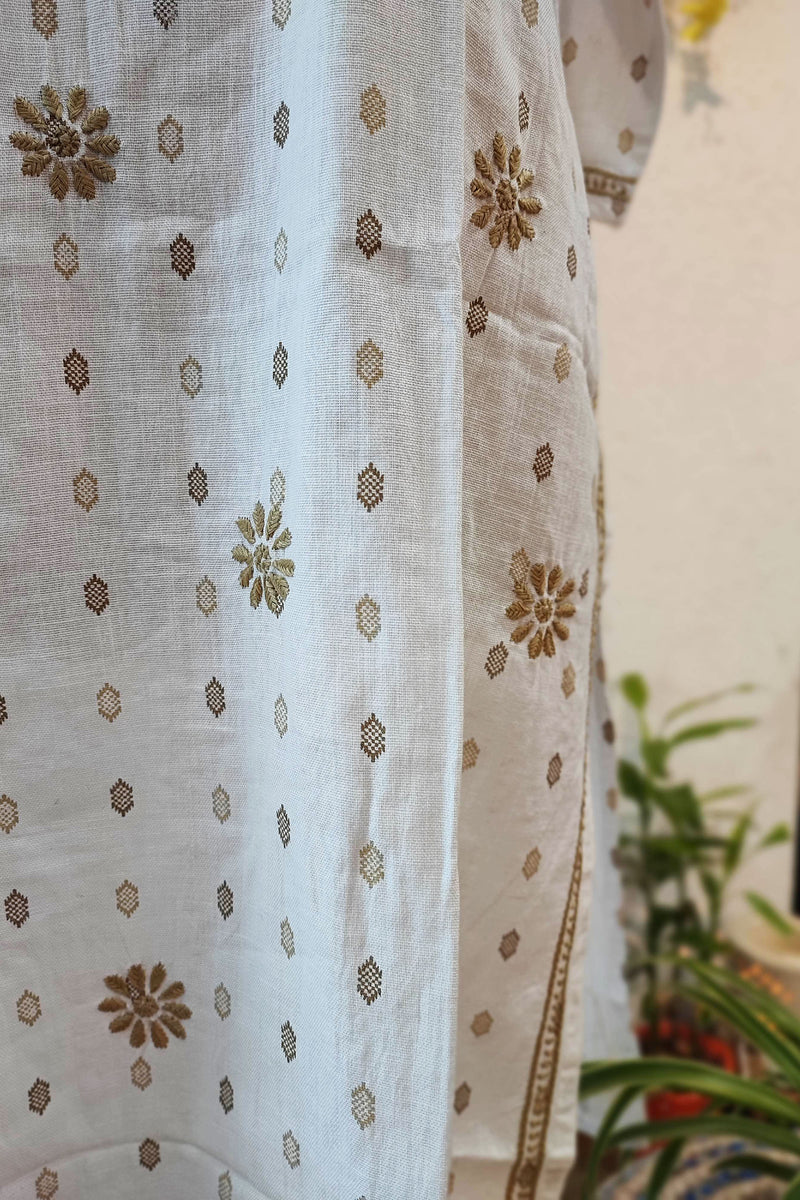 Pure Handloom Cotton Kurta with Tan Lucknowi Embroidery