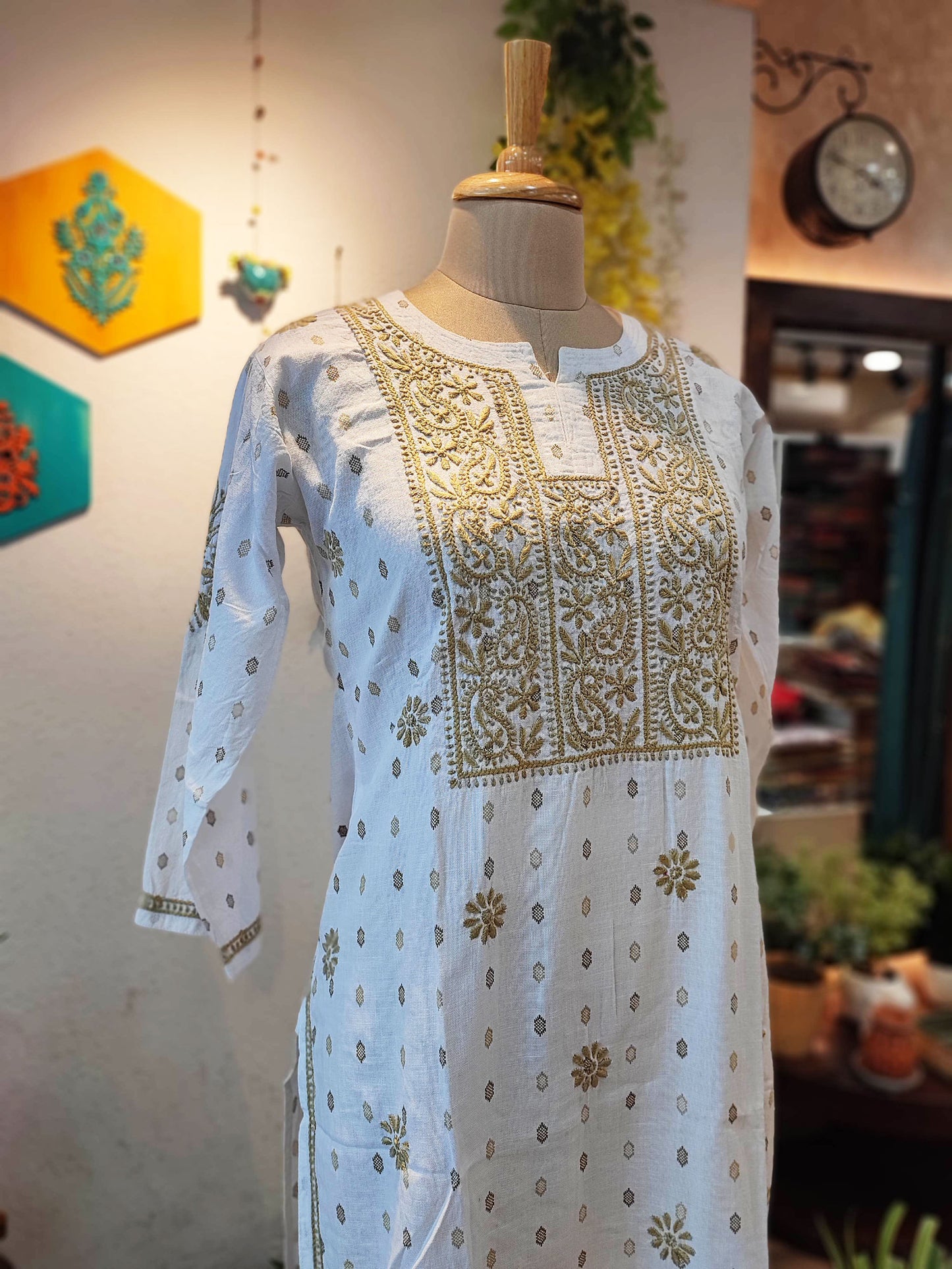 Pure Handloom Cotton Kurta with Tan Lucknowi Embroidery