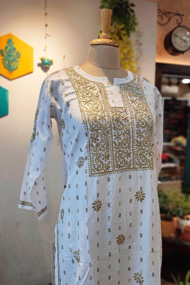 Pure Handloom Cotton Kurta with Tan Lucknowi Embroidery