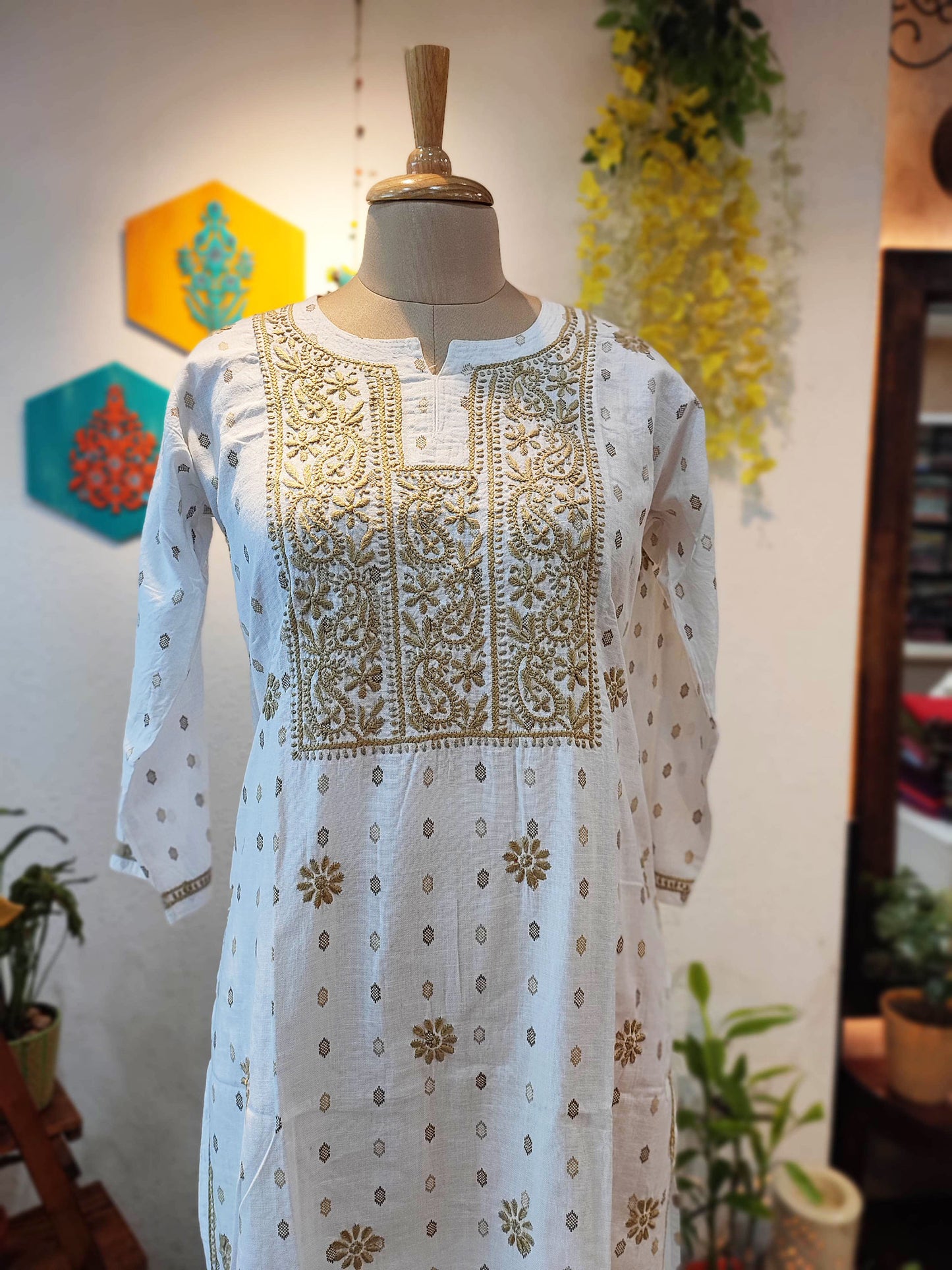 Pure Handloom Cotton Kurta with Tan Lucknowi Embroidery