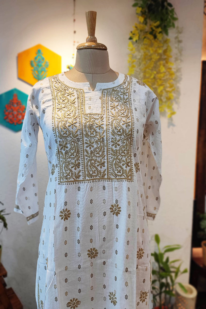 Pure Handloom Cotton Kurta with Tan Lucknowi Embroidery