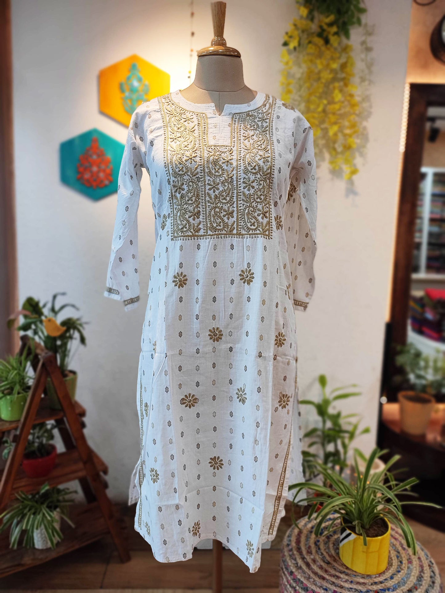 Pure Handloom Cotton Kurta with Tan Lucknowi Embroidery
