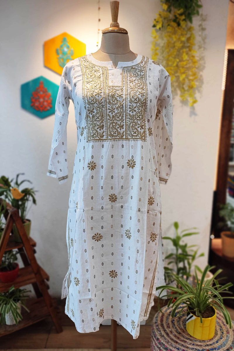 Pure Handloom Cotton Kurta with Tan Lucknowi Embroidery