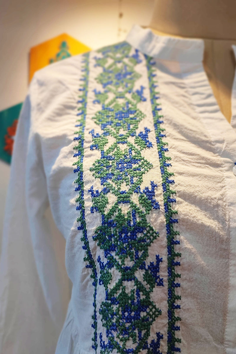 White Top with Blue Cross-Stitch Emroidery