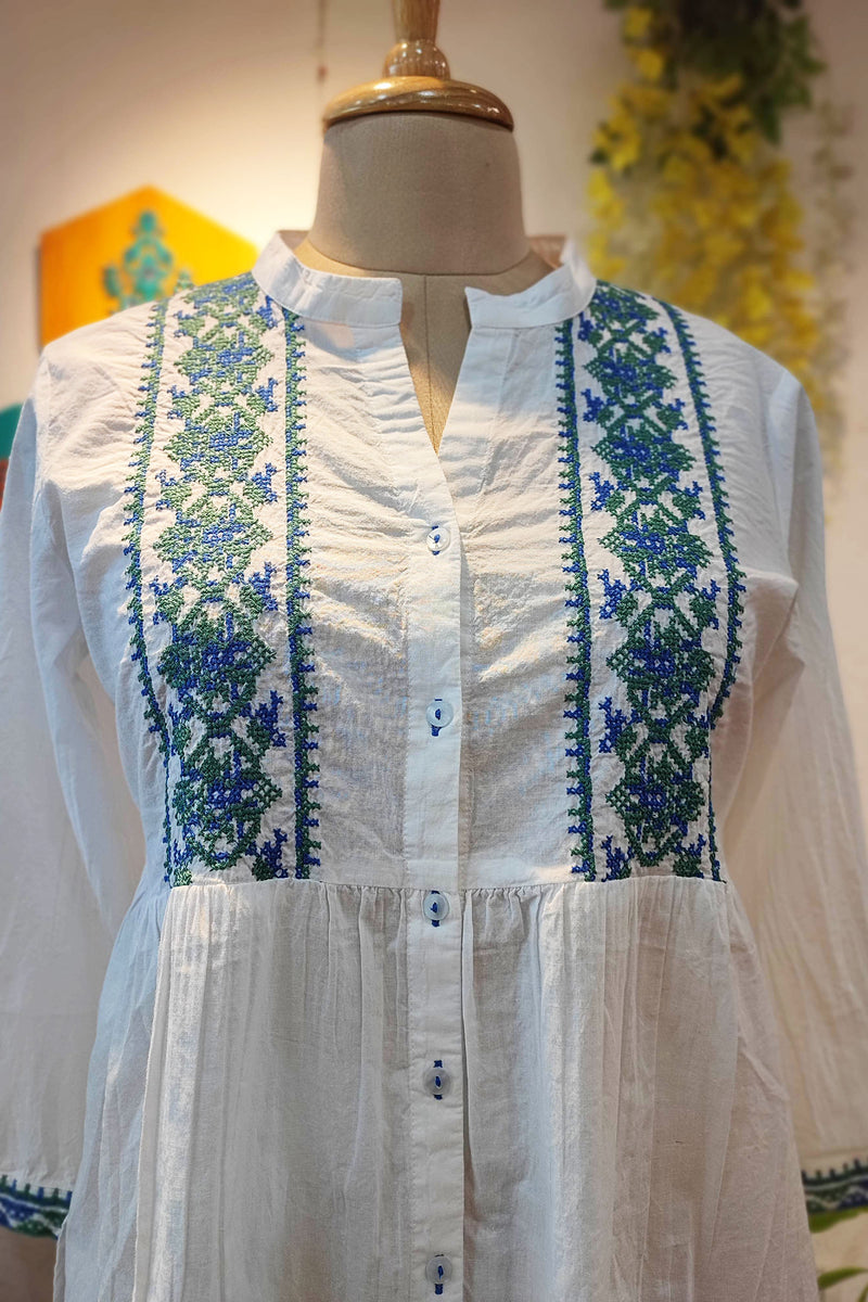 White Top with Blue Cross-Stitch Emroidery