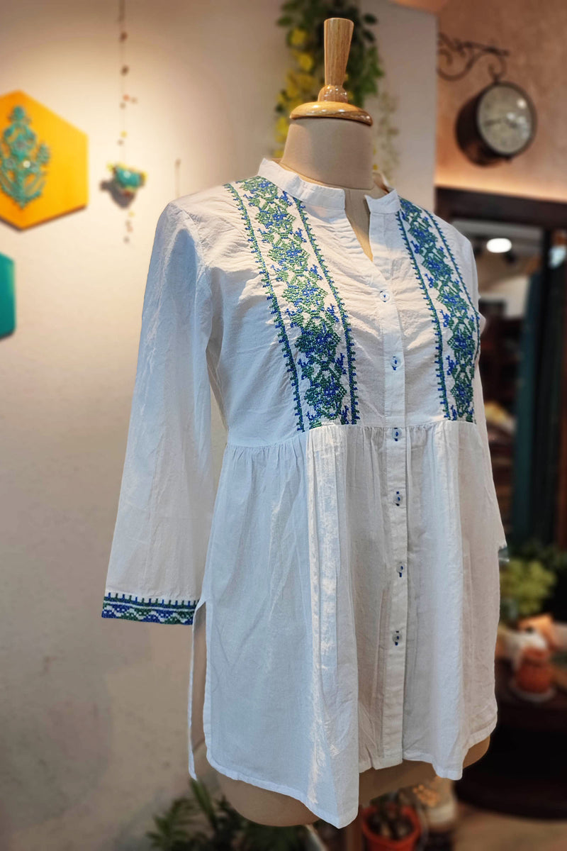 White Top with Blue Cross-Stitch Emroidery