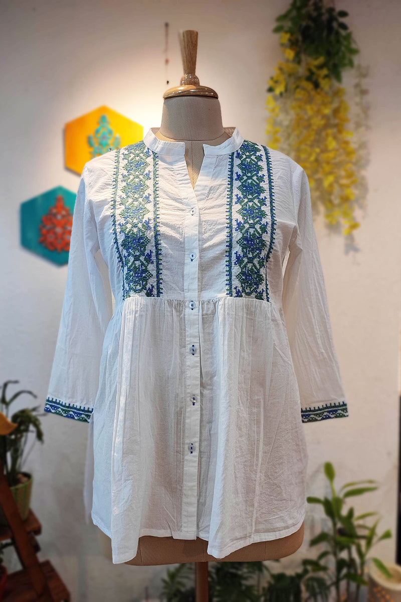 White Top with Blue Cross-Stitch Emroidery