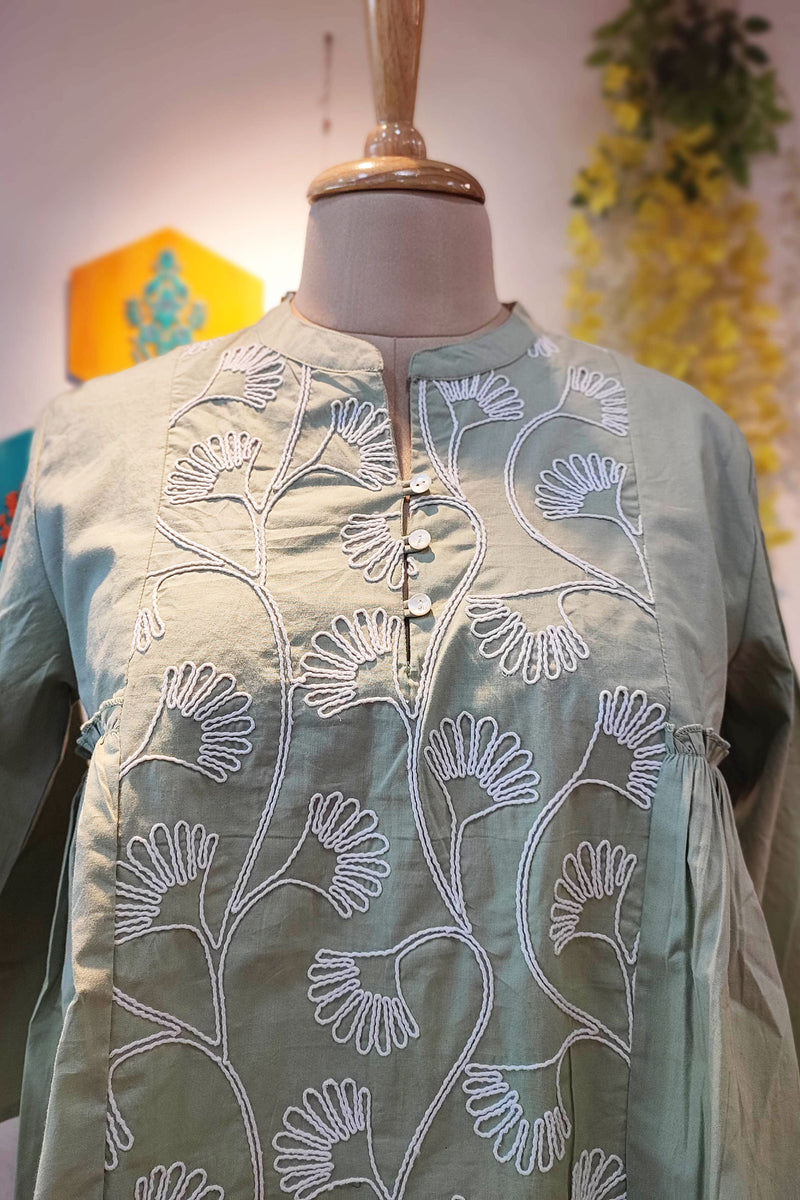 Pista Green Pure Cotton Top with Machine Embroidery