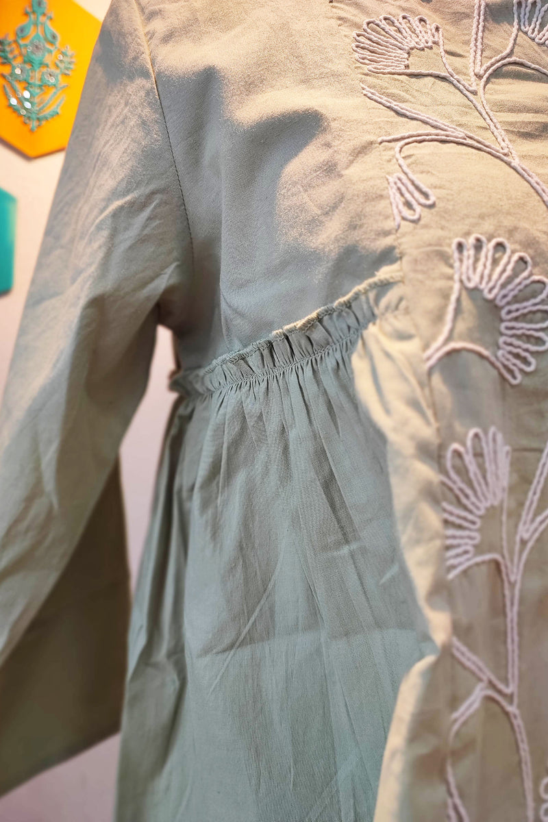 Pista Green Pure Cotton Top with Machine Embroidery