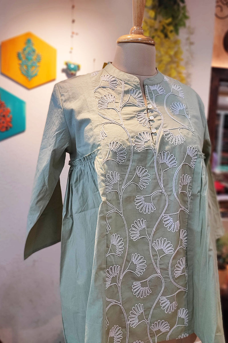 Pista Green Pure Cotton Top with Machine Embroidery