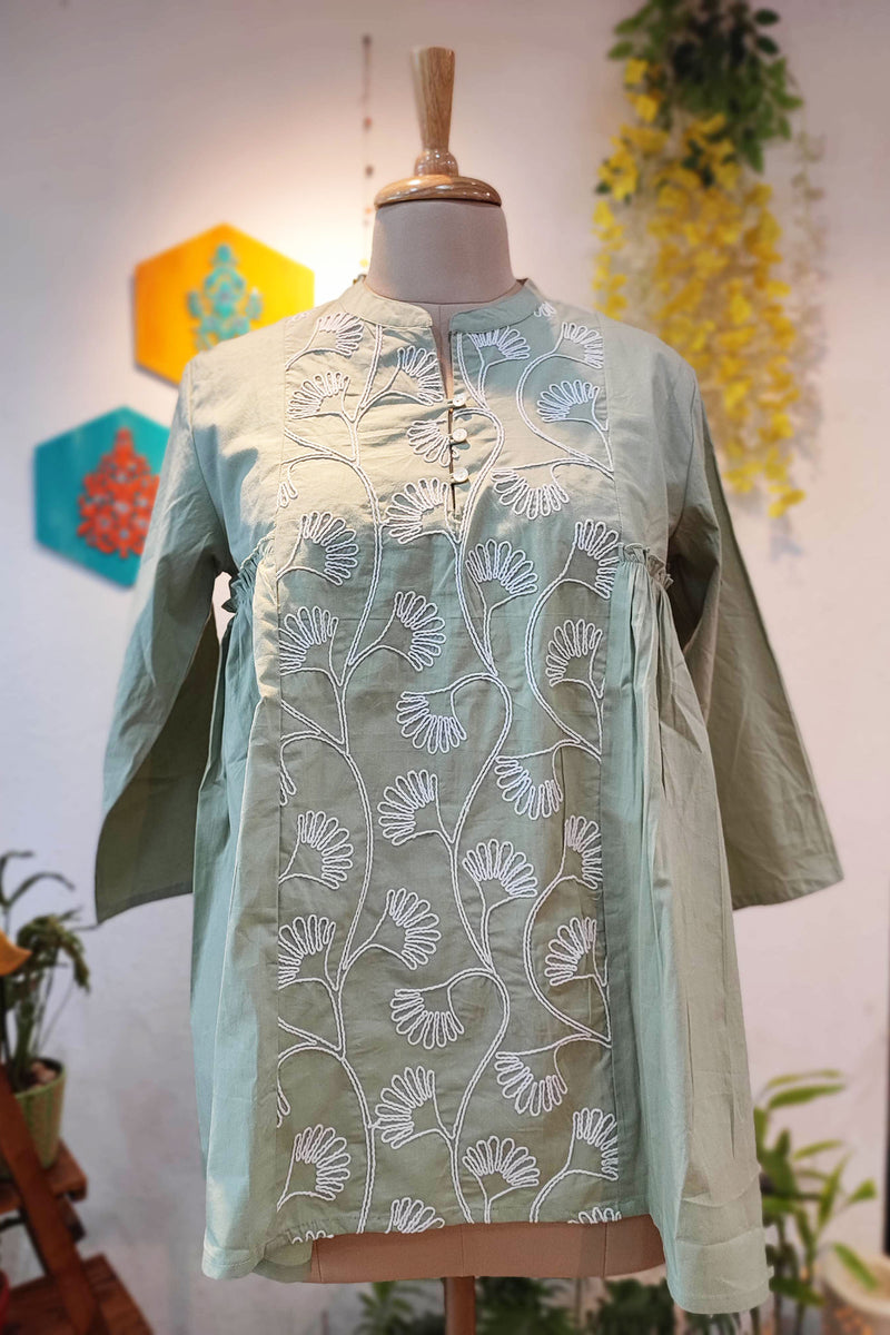 Pista Green Pure Cotton Top with Machine Embroidery