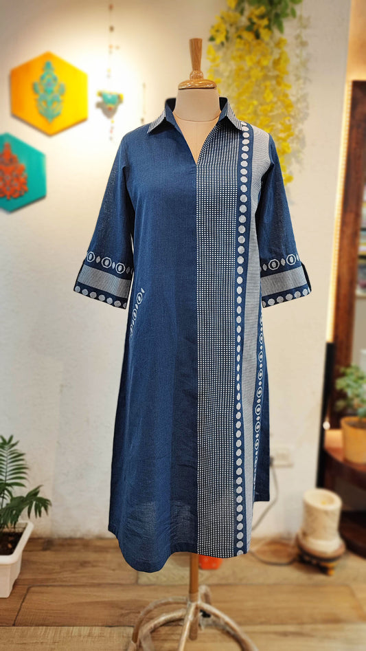 Denim Blue Pure Handloom Cotton Dress with Self Weaving Pattern