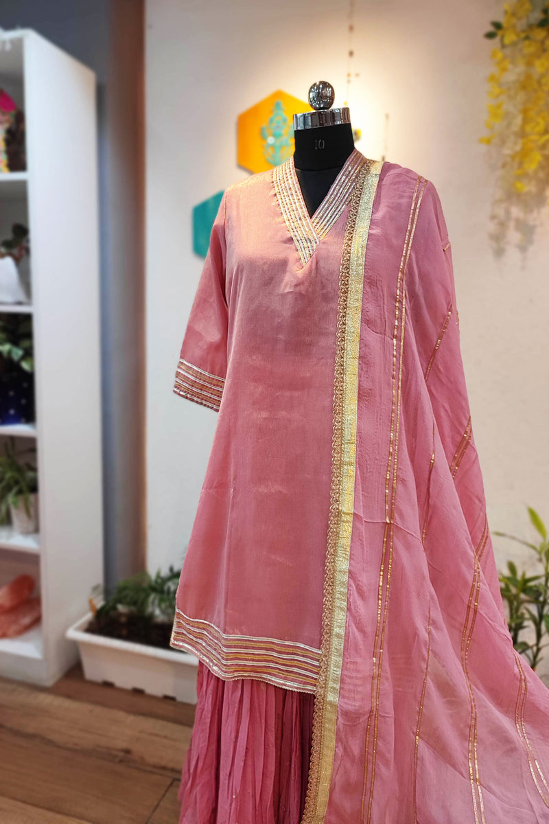 Rogue Pink Chanderi Tissue Kurta and Dupatta and Mul Chanderi Sharara