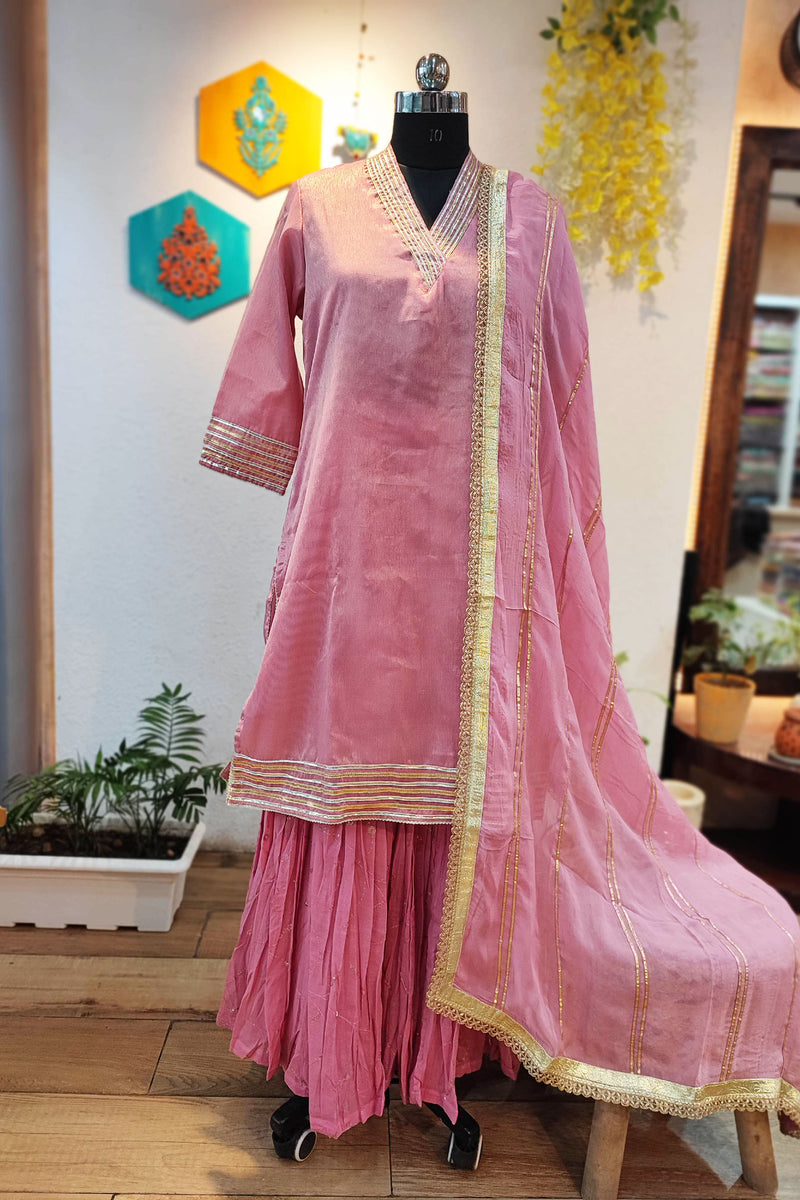 Rogue Pink Chanderi Tissue Kurta and Dupatta and Mul Chanderi Sharara