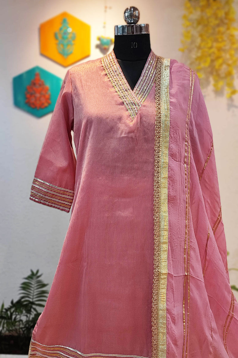 Rogue Pink Chanderi Tissue Kurta and Dupatta and Mul Chanderi Sharara