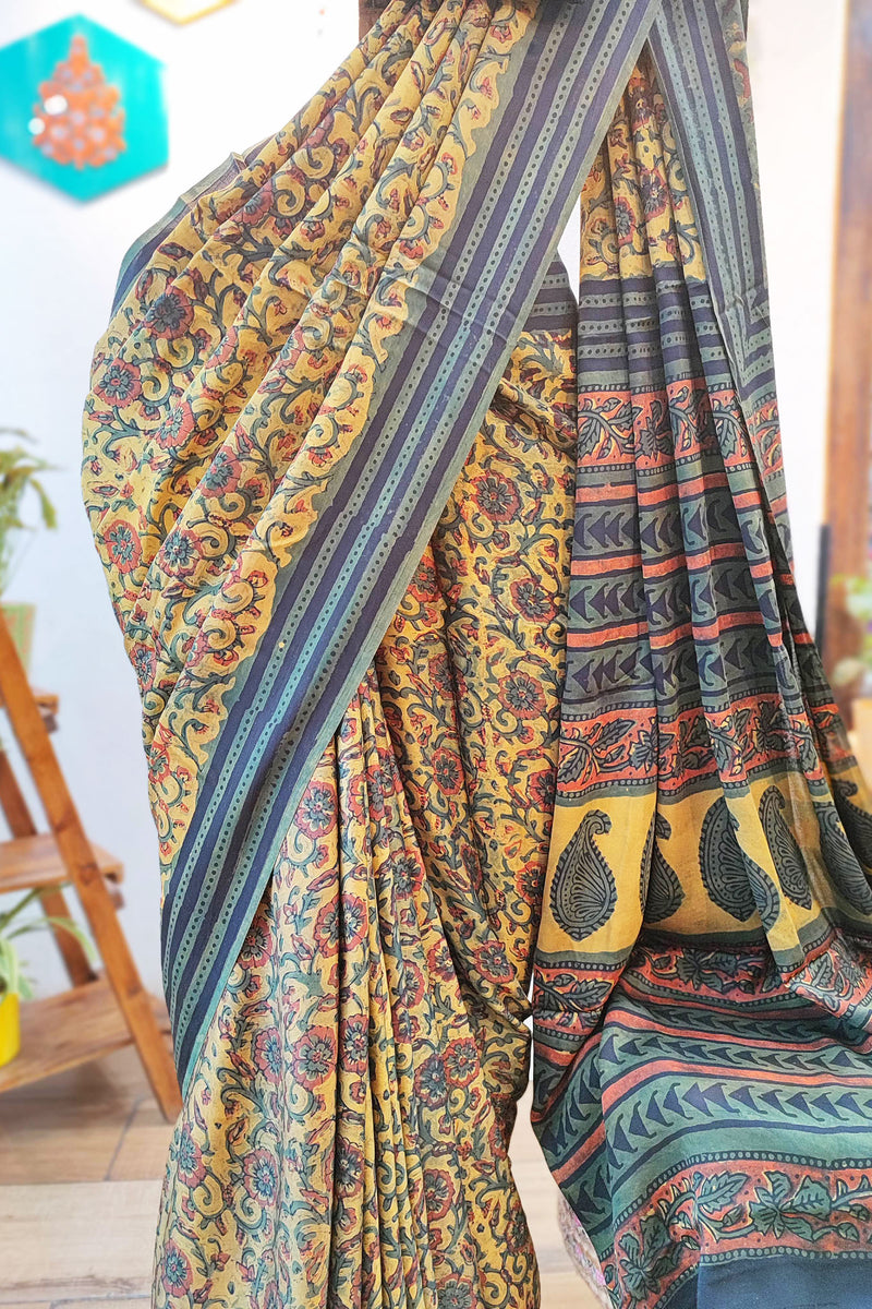 Multicolor Modal Satin Handblock Printed Saree With Running Blouse