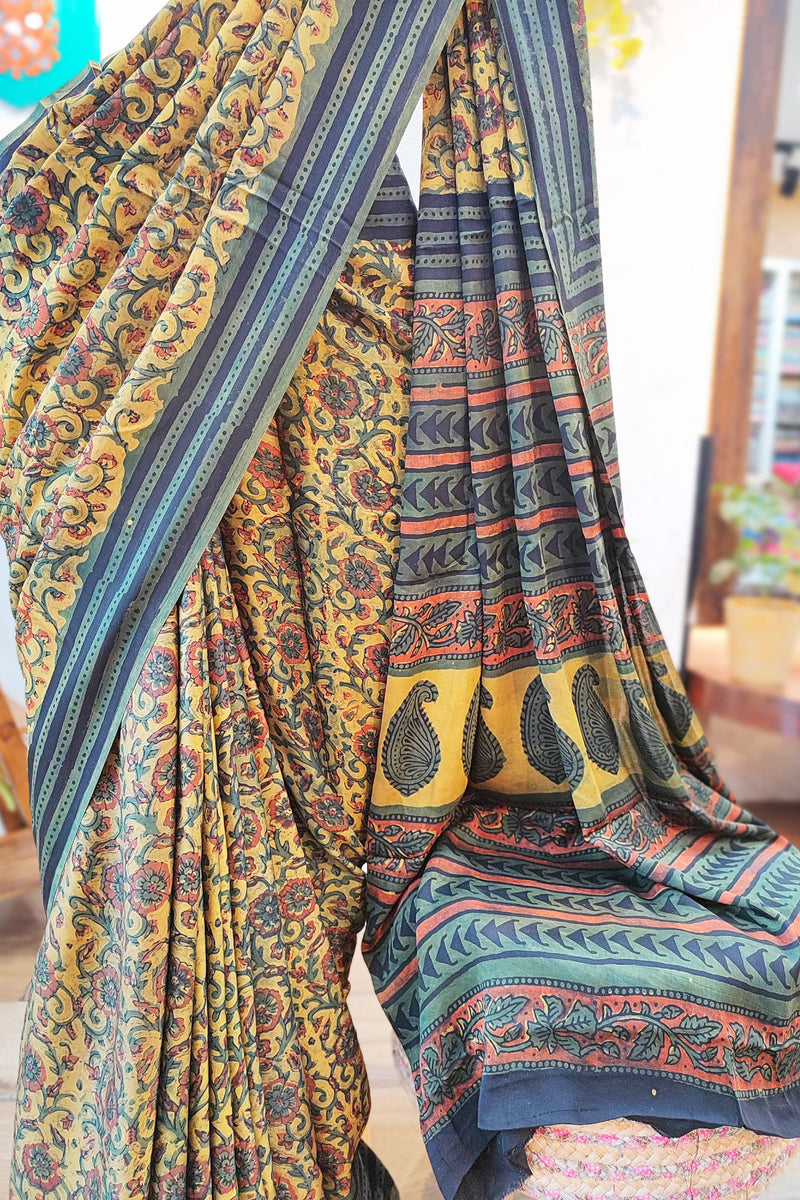 Multicolor Modal Satin Handblock Printed Saree With Running Blouse