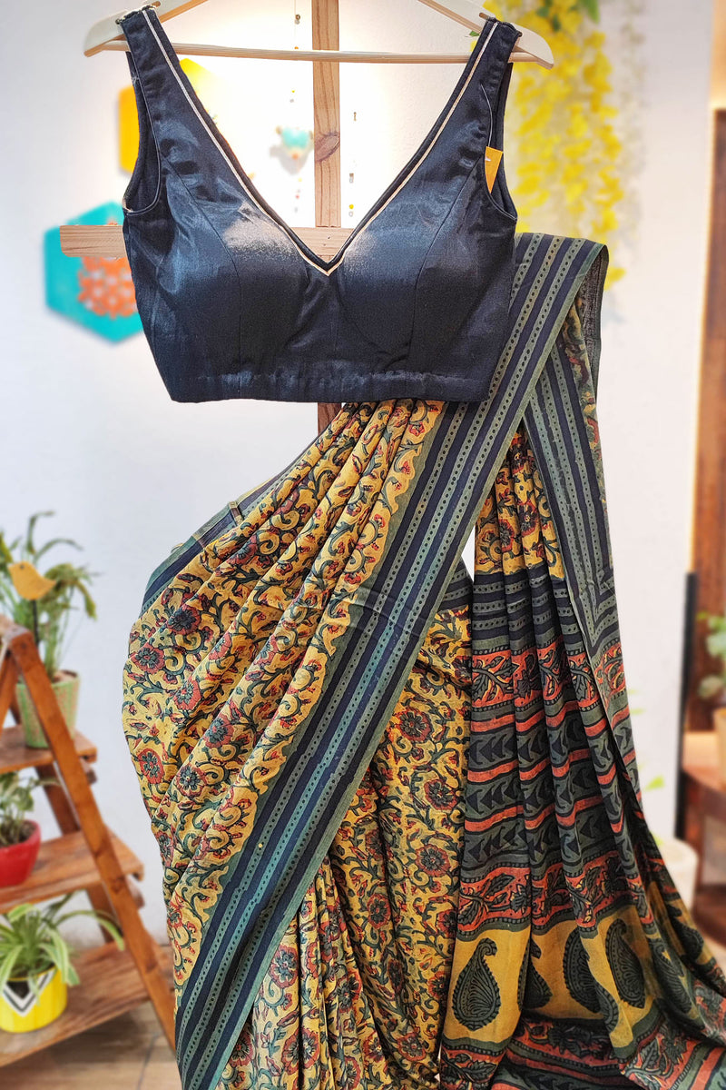 Multicolor Modal Satin Handblock Printed Saree With Running Blouse