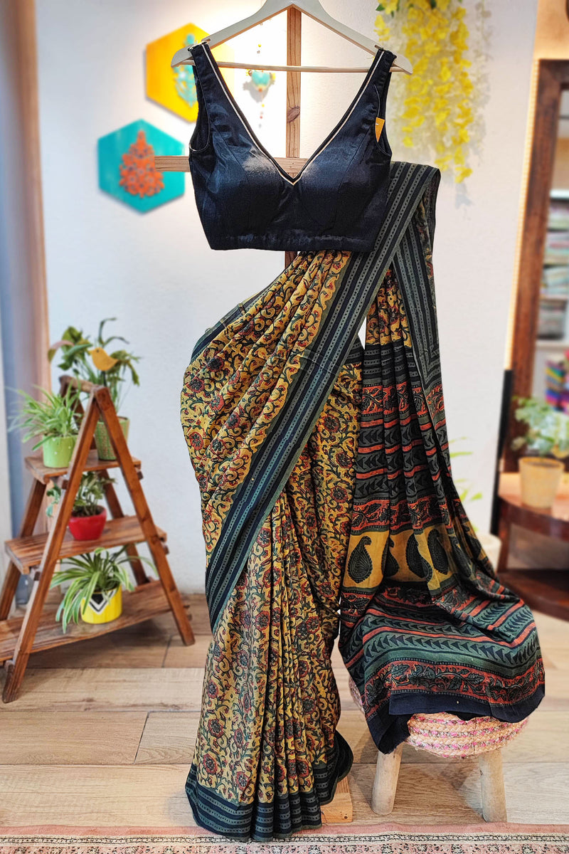 Multicolor Modal Satin Handblock Printed Saree With Running Blouse