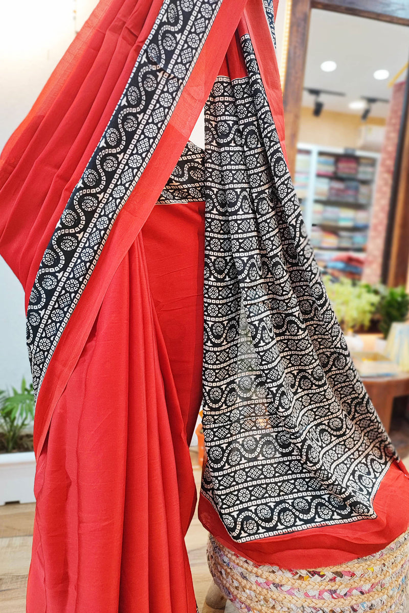 Red & Black Modal Satin Handblock Printed Saree With Running Blouse