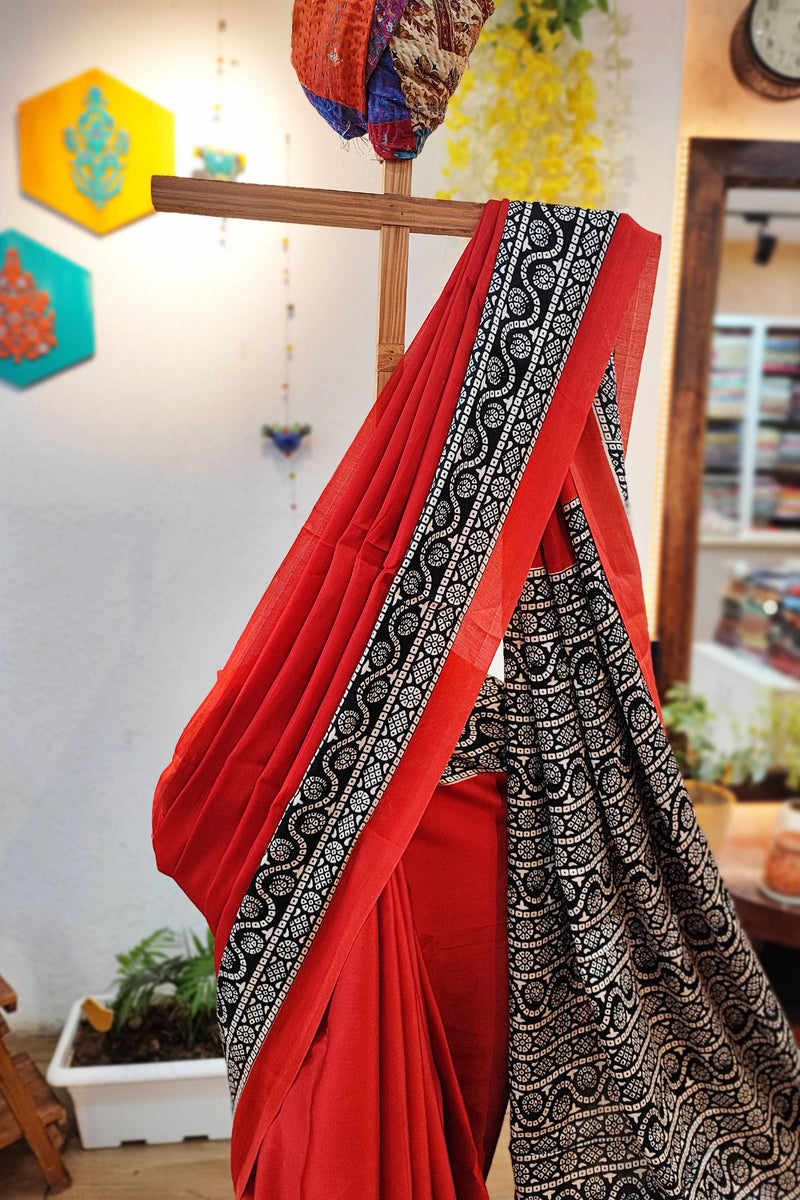 Red & Black Modal Satin Handblock Printed Saree With Running Blouse