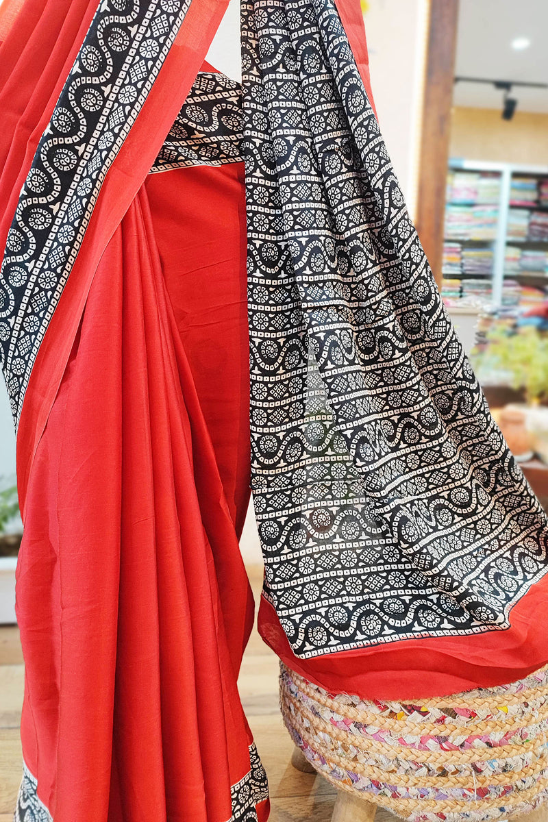 Red & Black Modal Satin Handblock Printed Saree With Running Blouse