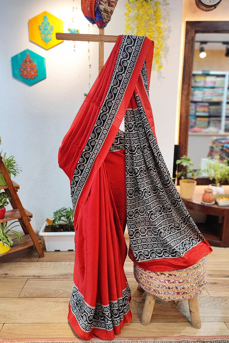 Red & Black Modal Satin Handblock Printed Saree With Running Blouse